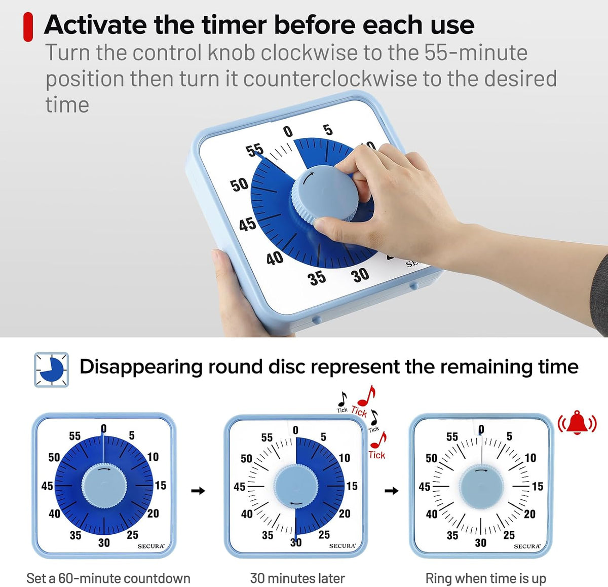 60-Minute Visual Countdown Timer, 7.5-Inch Oversize Classroom Visual Timer for Kids and Adults, Durable Mechanical Kitchen Timer Clock with Magnetic Backing (Blue)