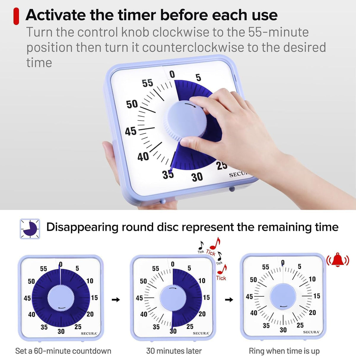 60-Minute Visual Countdown Timer, 7.5-Inch Oversize Classroom Visual Timer for Kids and Adults, Durable Mechanical Kitchen Timer Clock with Magnetic Backing (Blue)