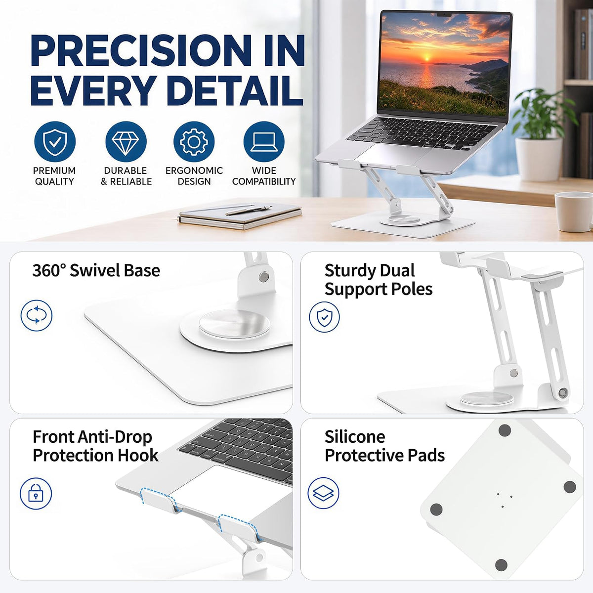 360 Rotating Laptop Stand, Adjustable Riser,10-17",White