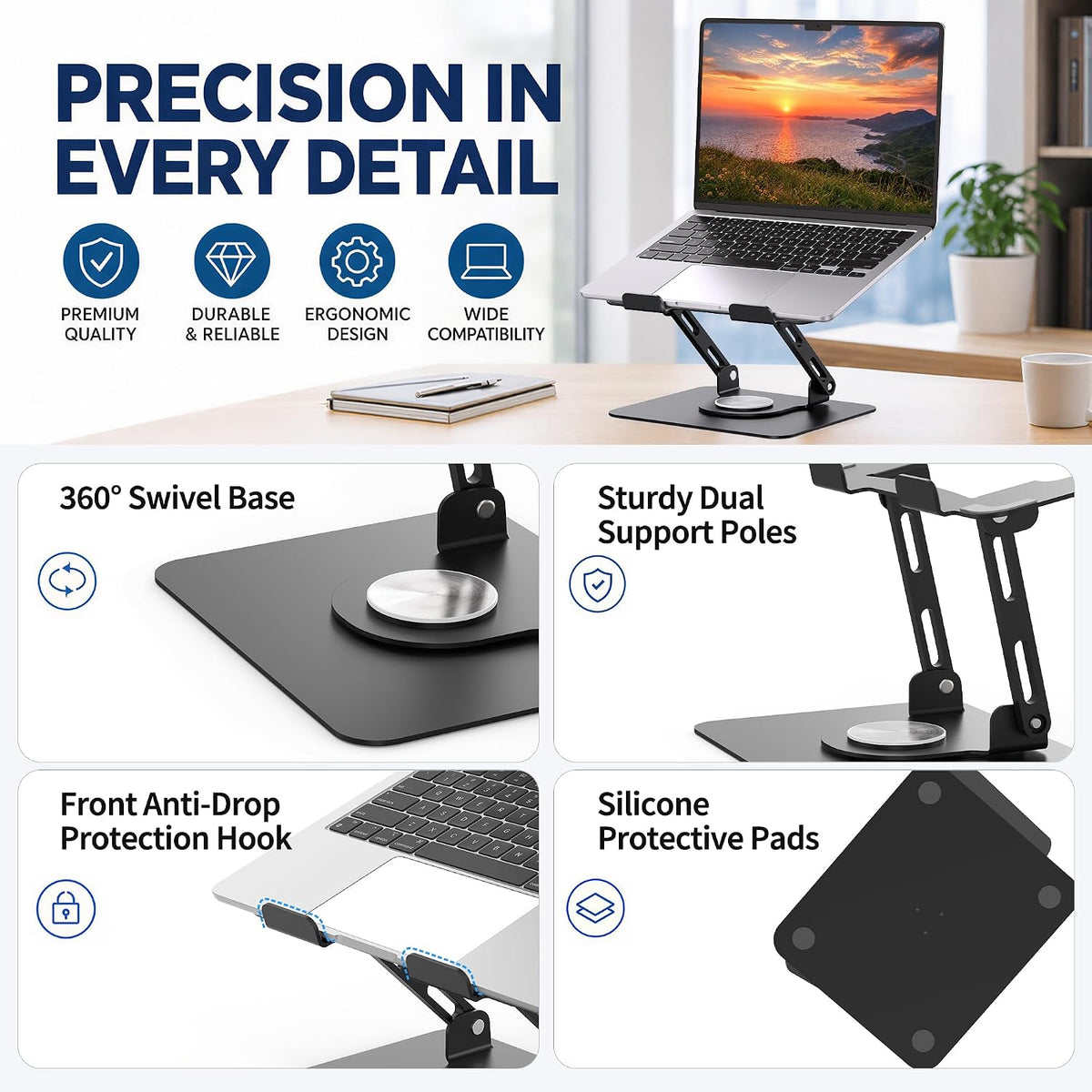 360 Rotating Laptop Stand, Adjustable Riser,10-17",White