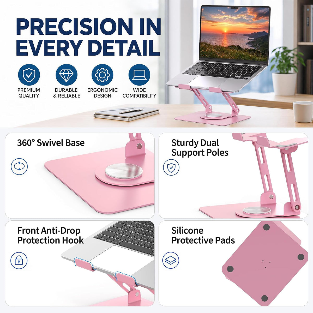 360 Rotating Laptop Stand, Adjustable Riser,10-17",White