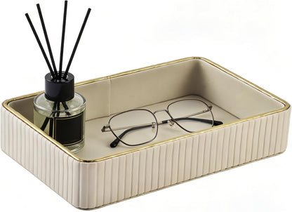 PU Leather Valet Tray,Desk Organizer Tray Nightstand Organizer Trinket Dish Storage Key Bowl Decorative Trays for Phone Wallet Jewelry Watch,Bathroom Bedroom Perfume Vanity Trays,Beige