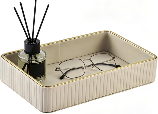 PU Leather Valet Tray,Desk Organizer Tray Nightstand Organizer Trinket Dish Storage Key Bowl Decorative Trays for Phone Wallet Jewelry Watch,Bathroom Bedroom Perfume Vanity Trays,Beige