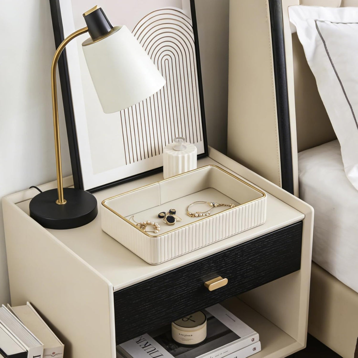 PU Leather Valet Tray,Desk Organizer Tray Nightstand Organizer Trinket Dish Storage Key Bowl Decorative Trays for Phone Wallet Jewelry Watch,Bathroom Bedroom Perfume Vanity Trays,Beige