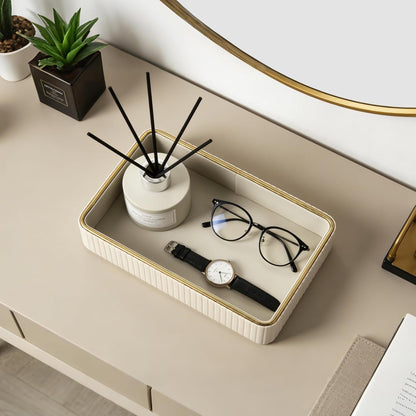 PU Leather Valet Tray,Desk Organizer Tray Nightstand Organizer Trinket Dish Storage Key Bowl Decorative Trays for Phone Wallet Jewelry Watch,Bathroom Bedroom Perfume Vanity Trays,Beige