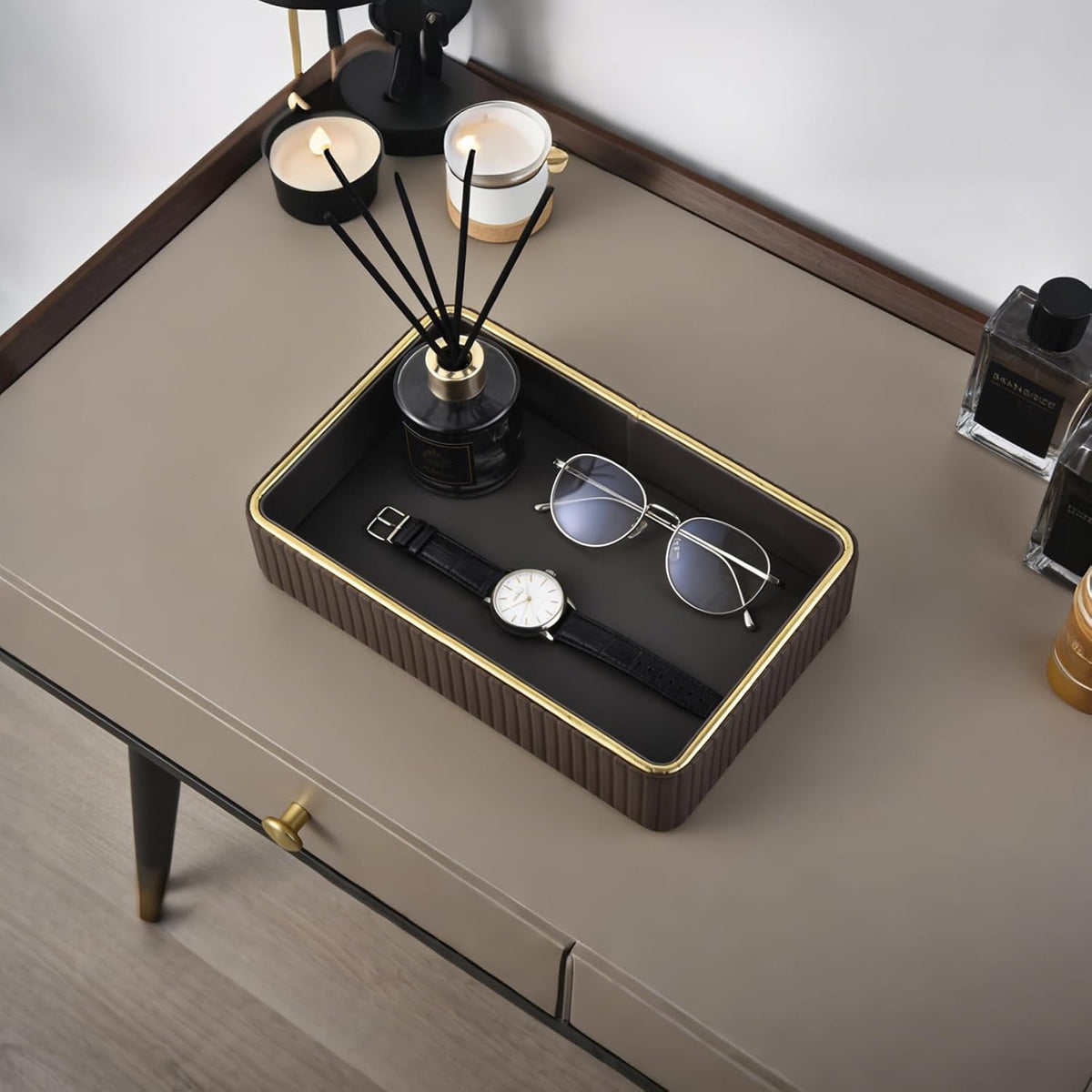 PU Leather Valet Tray,Desk Organizer Tray Nightstand Organizer Trinket Dish Storage Key Bowl Decorative Trays for Phone Wallet Jewelry Watch,Bathroom Bedroom Perfume Vanity Trays,Beige