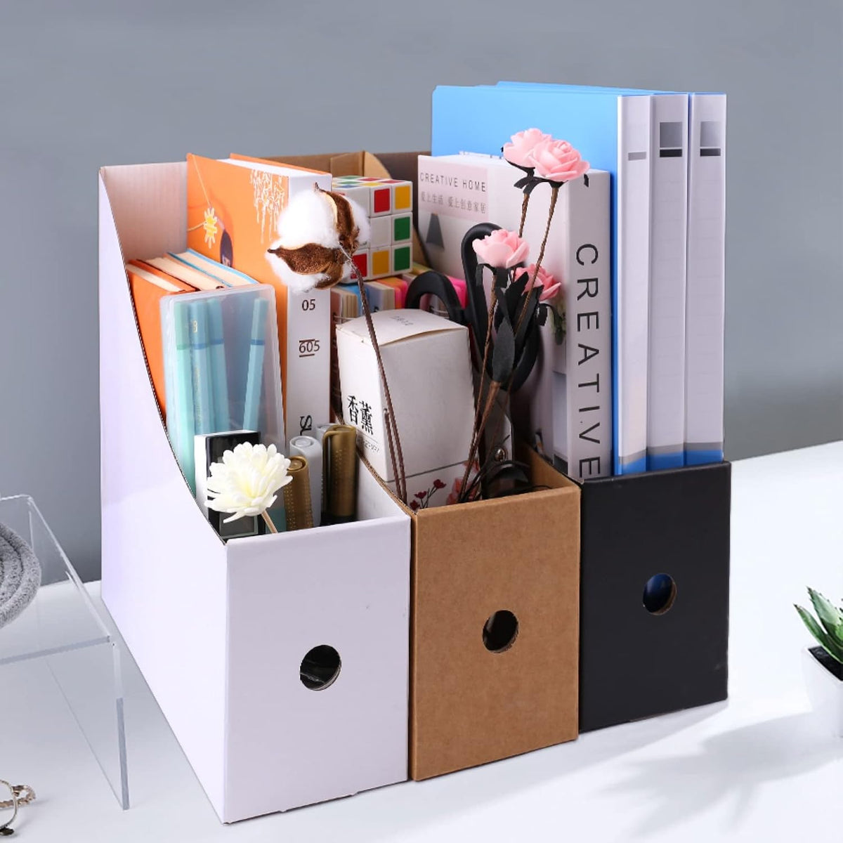 White Cardboard Magazine Holder for Desk or Shelves
