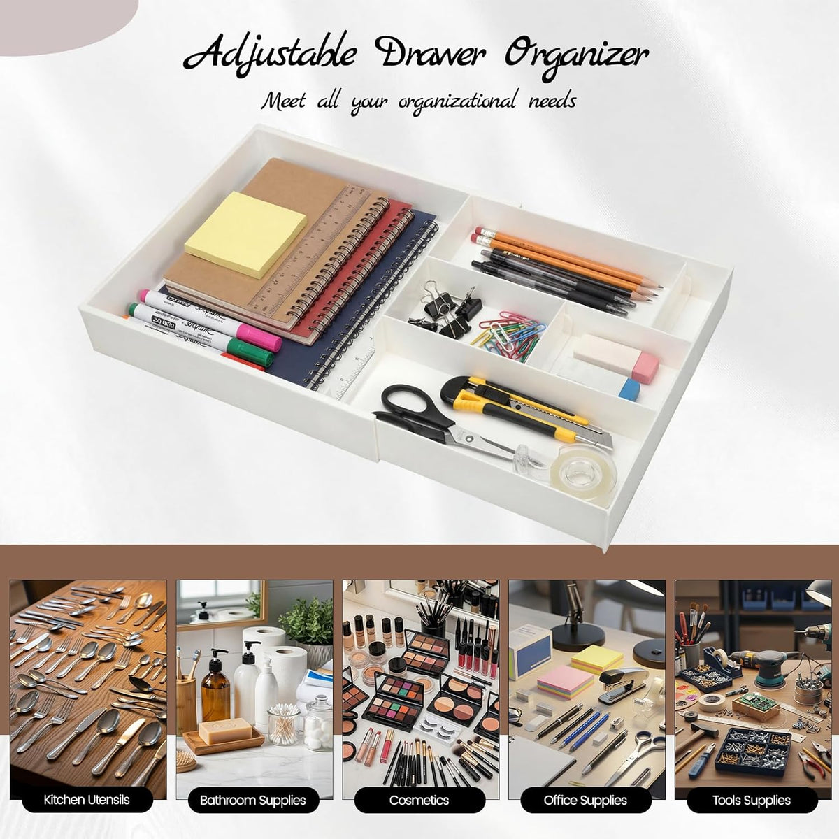 Plastic Desk Drawer Organizer 12 x 20 Inch Large White Expandable Drawer Organizer Trays with Extendable Tray Adjustable Student Desk Organizing Tray for Makeup Office School Supplies