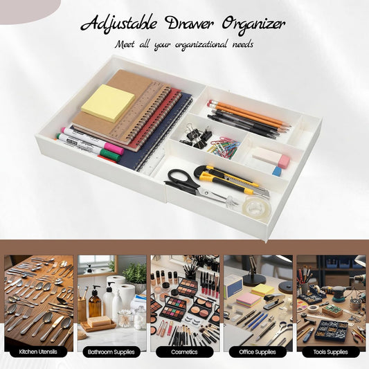 Plastic Desk Drawer Organizer 12 x 20 Inch Large White Expandable Drawer Organizer Trays with Extendable Tray Adjustable Student Desk Organizing Tray for Makeup Office School Supplies