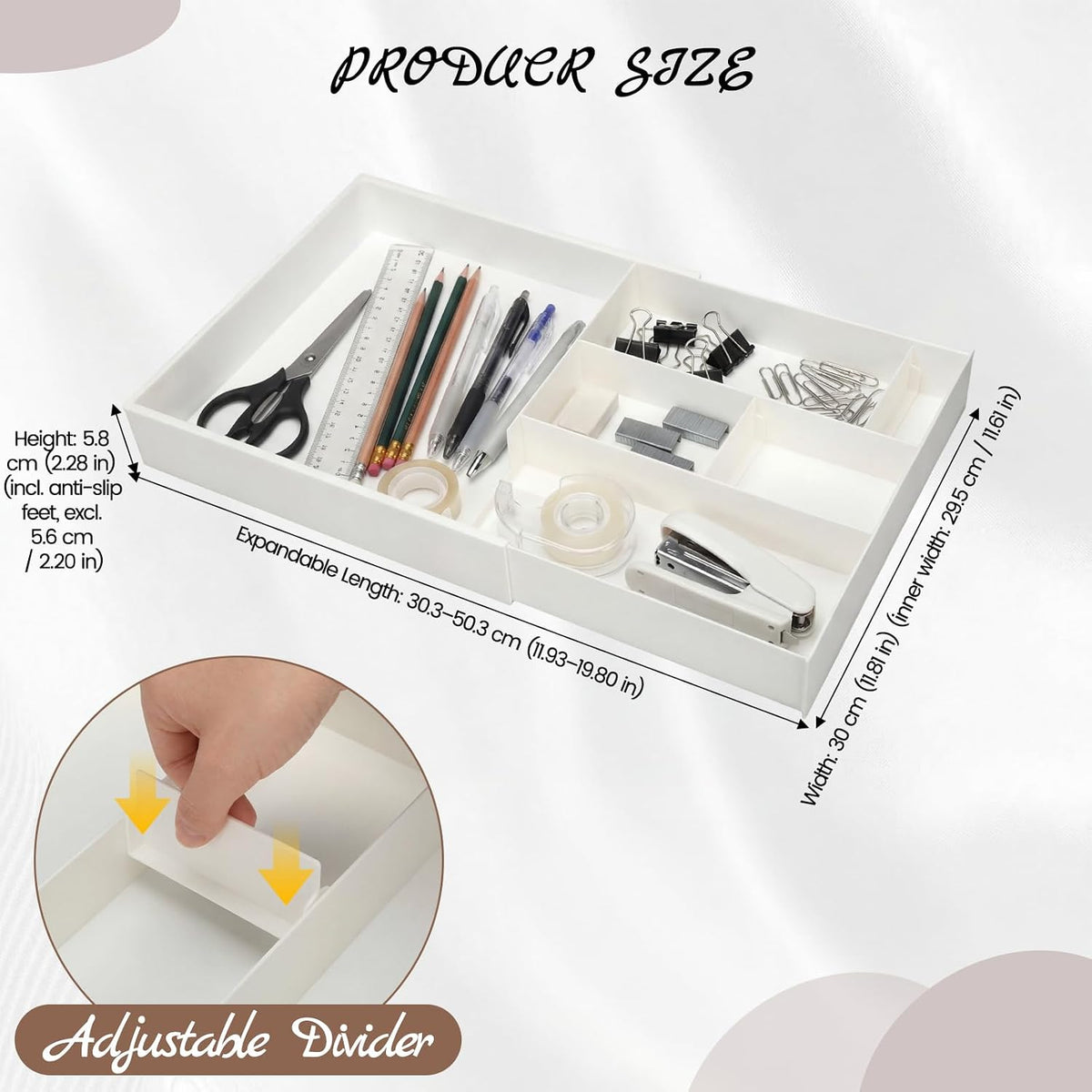 Plastic Desk Drawer Organizer 12 x 20 Inch Large White Expandable Drawer Organizer Trays with Extendable Tray Adjustable Student Desk Organizing Tray for Makeup Office School Supplies