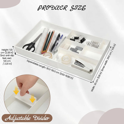 Plastic Desk Drawer Organizer 12 x 20 Inch Large White Expandable Drawer Organizer Trays with Extendable Tray Adjustable Student Desk Organizing Tray for Makeup Office School Supplies