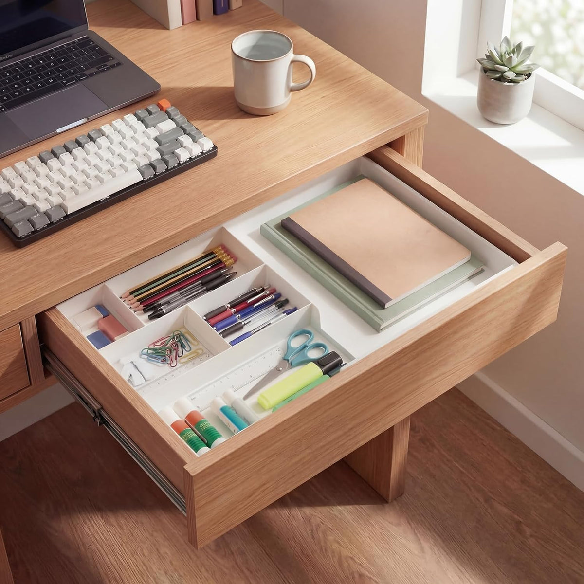 Plastic Desk Drawer Organizer 12 x 20 Inch Large White Expandable Drawer Organizer Trays with Extendable Tray Adjustable Student Desk Organizing Tray for Makeup Office School Supplies