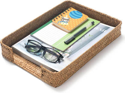 Seagrass Letter Tray, Woven Desk Tray, Wicker Desk Organizer, A4 Paper, Document, File, Mail, Magazine Storage Basket for Office, Classroom, Home Desktop