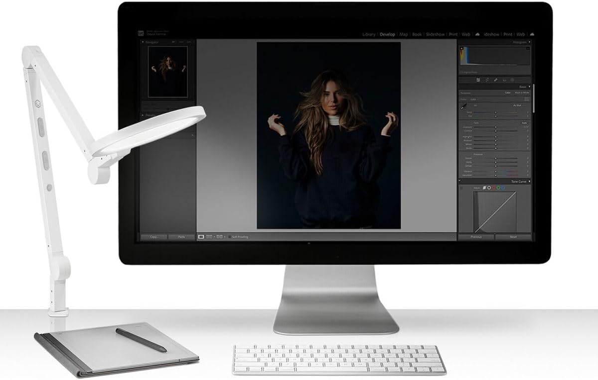 Edge 2.0 LED Desk Lamp | Dimmable Home Office Desk Light with USB Charging Port & Strong Swing Arm | Adjustable Color Temperature and Brightness | Circle Webcam Light - White