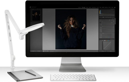 Edge 2.0 LED Desk Lamp | Dimmable Home Office Desk Light with USB Charging Port & Strong Swing Arm | Adjustable Color Temperature and Brightness | Circle Webcam Light - White