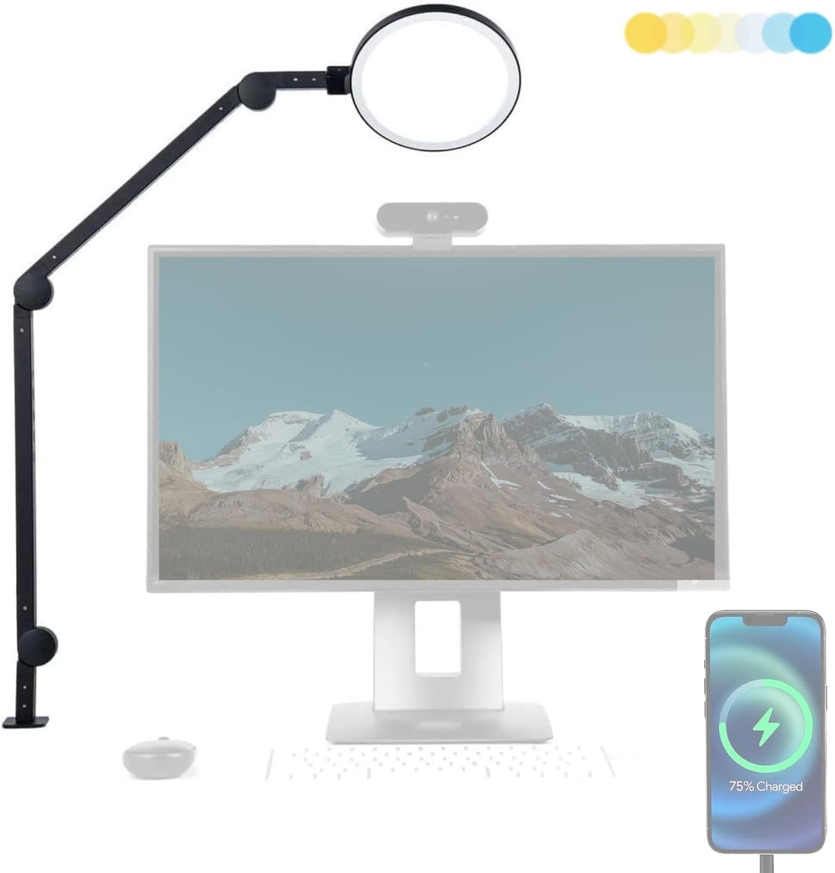 Edge 2.0 LED Desk Lamp | Dimmable Home Office Desk Light with USB Charging Port & Strong Swing Arm | Adjustable Color Temperature and Brightness | Circle Webcam Light - White