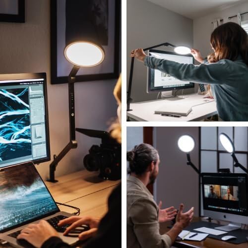 Edge 2.0 LED Desk Lamp | Dimmable Home Office Desk Light with USB Charging Port & Strong Swing Arm | Adjustable Color Temperature and Brightness | Circle Webcam Light - White
