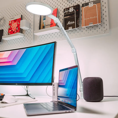 Edge 2.0 LED Desk Lamp | Dimmable Home Office Desk Light with USB Charging Port & Strong Swing Arm | Adjustable Color Temperature and Brightness | Circle Webcam Light - White