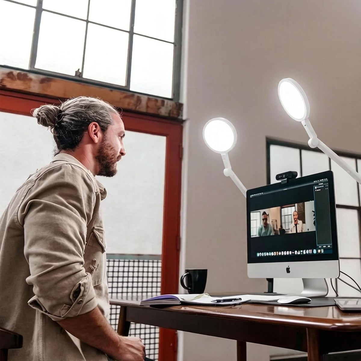 Edge 2.0 LED Desk Lamp | Dimmable Home Office Desk Light with USB Charging Port & Strong Swing Arm | Adjustable Color Temperature and Brightness | Circle Webcam Light - White