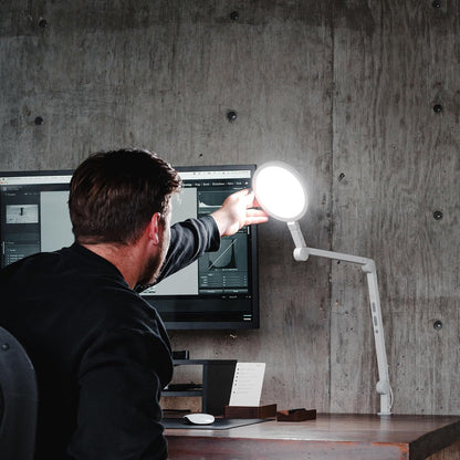 Edge 2.0 LED Desk Lamp | Dimmable Home Office Desk Light with USB Charging Port & Strong Swing Arm | Adjustable Color Temperature and Brightness | Circle Webcam Light - White