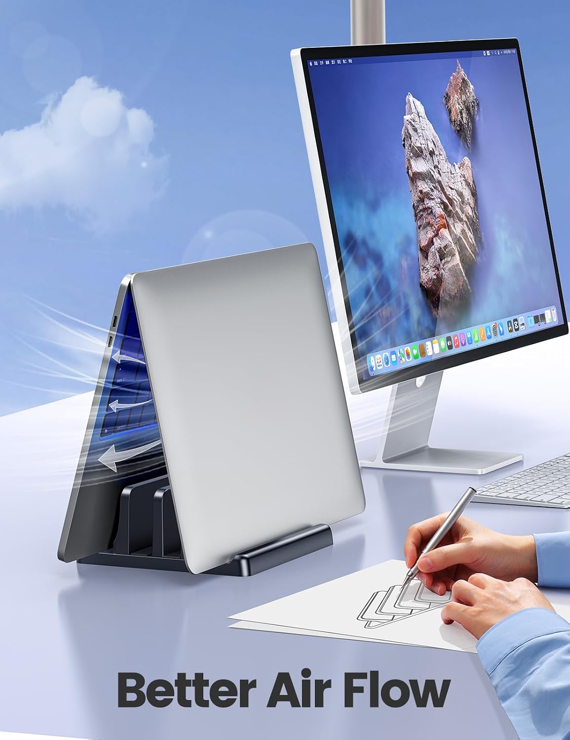 Vertical Laptop Stand for Desk,Dual Slots Plastic Laptop Holder with Space Saving 4-in-1 Design,Adjustable Laptop Organizer Storage Supports for MacBook,Mac,HP,Dell,Microsoft Surface,Lenovo