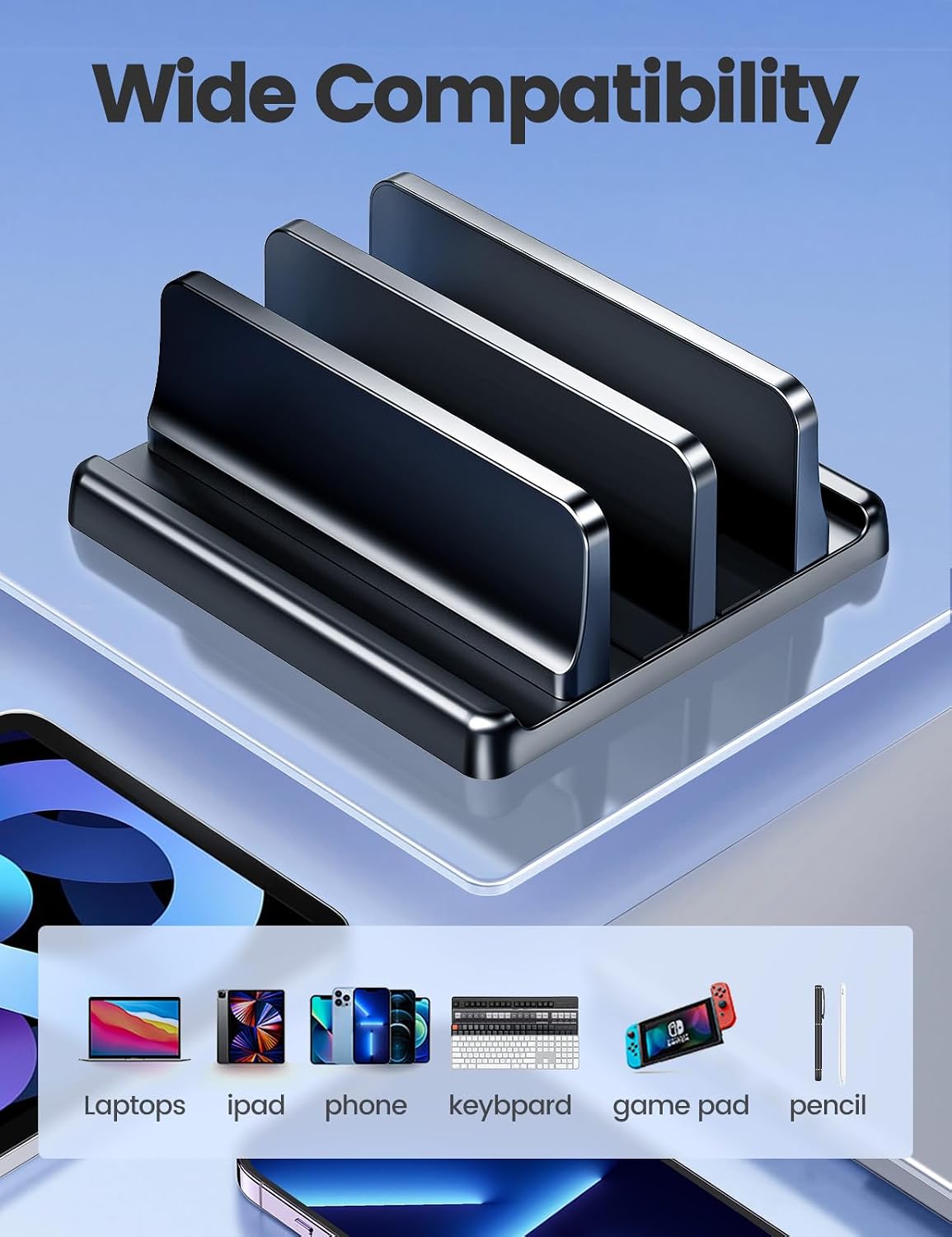 Vertical Laptop Stand for Desk,Dual Slots Plastic Laptop Holder with Space Saving 4-in-1 Design,Adjustable Laptop Organizer Storage Supports for MacBook,Mac,HP,Dell,Microsoft Surface,Lenovo