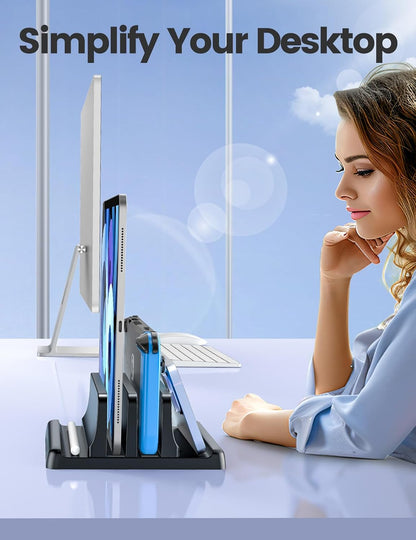 Vertical Laptop Stand for Desk,Dual Slots Plastic Laptop Holder with Space Saving 4-in-1 Design,Adjustable Laptop Organizer Storage Supports for MacBook,Mac,HP,Dell,Microsoft Surface,Lenovo