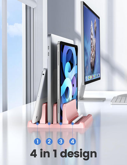 Vertical Laptop Stand for Desk,Dual Slots Plastic Laptop Holder with Space Saving 4-in-1 Design,Adjustable Laptop Organizer Storage Supports for MacBook,Mac,HP,Dell,Microsoft Surface,Lenovo