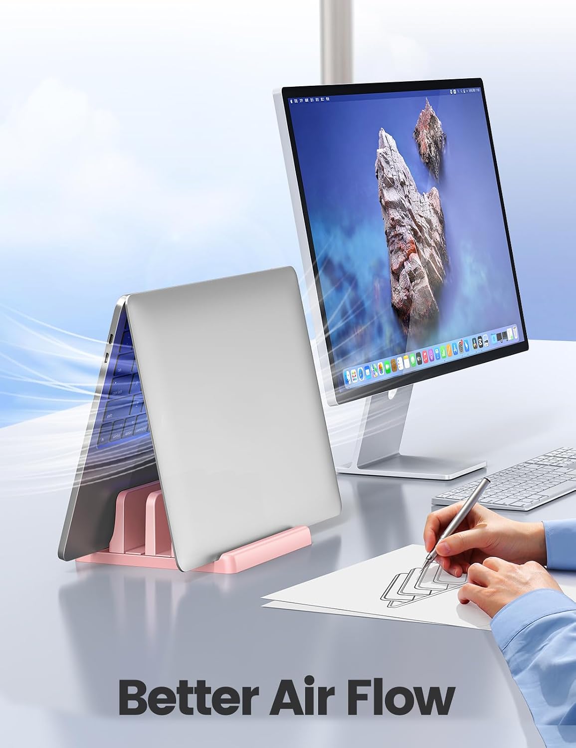 Vertical Laptop Stand for Desk,Dual Slots Plastic Laptop Holder with Space Saving 4-in-1 Design,Adjustable Laptop Organizer Storage Supports for MacBook,Mac,HP,Dell,Microsoft Surface,Lenovo
