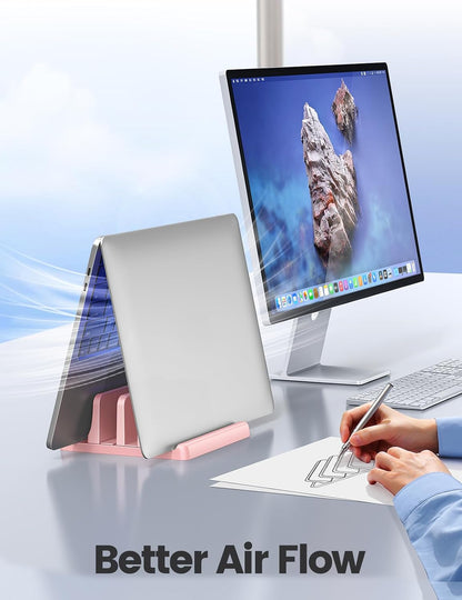 Vertical Laptop Stand for Desk,Dual Slots Plastic Laptop Holder with Space Saving 4-in-1 Design,Adjustable Laptop Organizer Storage Supports for MacBook,Mac,HP,Dell,Microsoft Surface,Lenovo