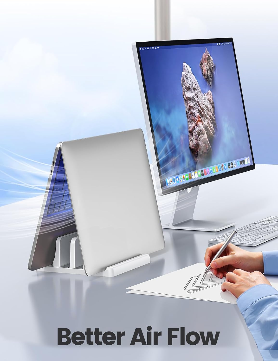 Vertical Laptop Stand for Desk,Dual Slots Plastic Laptop Holder with Space Saving 4-in-1 Design,Adjustable Laptop Organizer Storage Supports for MacBook,Mac,HP,Dell,Microsoft Surface,Lenovo