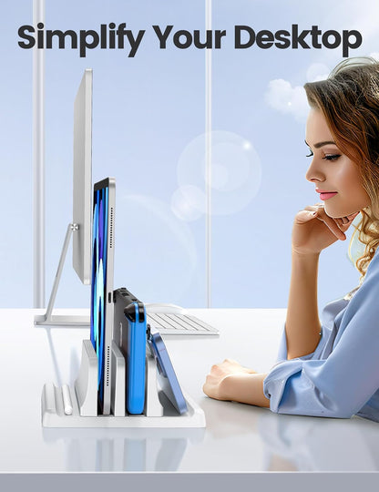 Vertical Laptop Stand for Desk,Dual Slots Plastic Laptop Holder with Space Saving 4-in-1 Design,Adjustable Laptop Organizer Storage Supports for MacBook,Mac,HP,Dell,Microsoft Surface,Lenovo