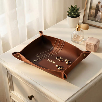 Personalized Full Grain Leather Travel Valet Tray