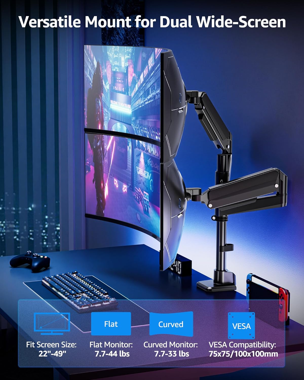 Dual Monitor Stand Fits 49 45 42 40 39 34 32 Inch Screens, Heavy Duty Dual Monitor Arm Holds 7.7-44 lbs, Vertical Stacked Monitors Mount, Full Motion, Height Adjustable, VESA Mount