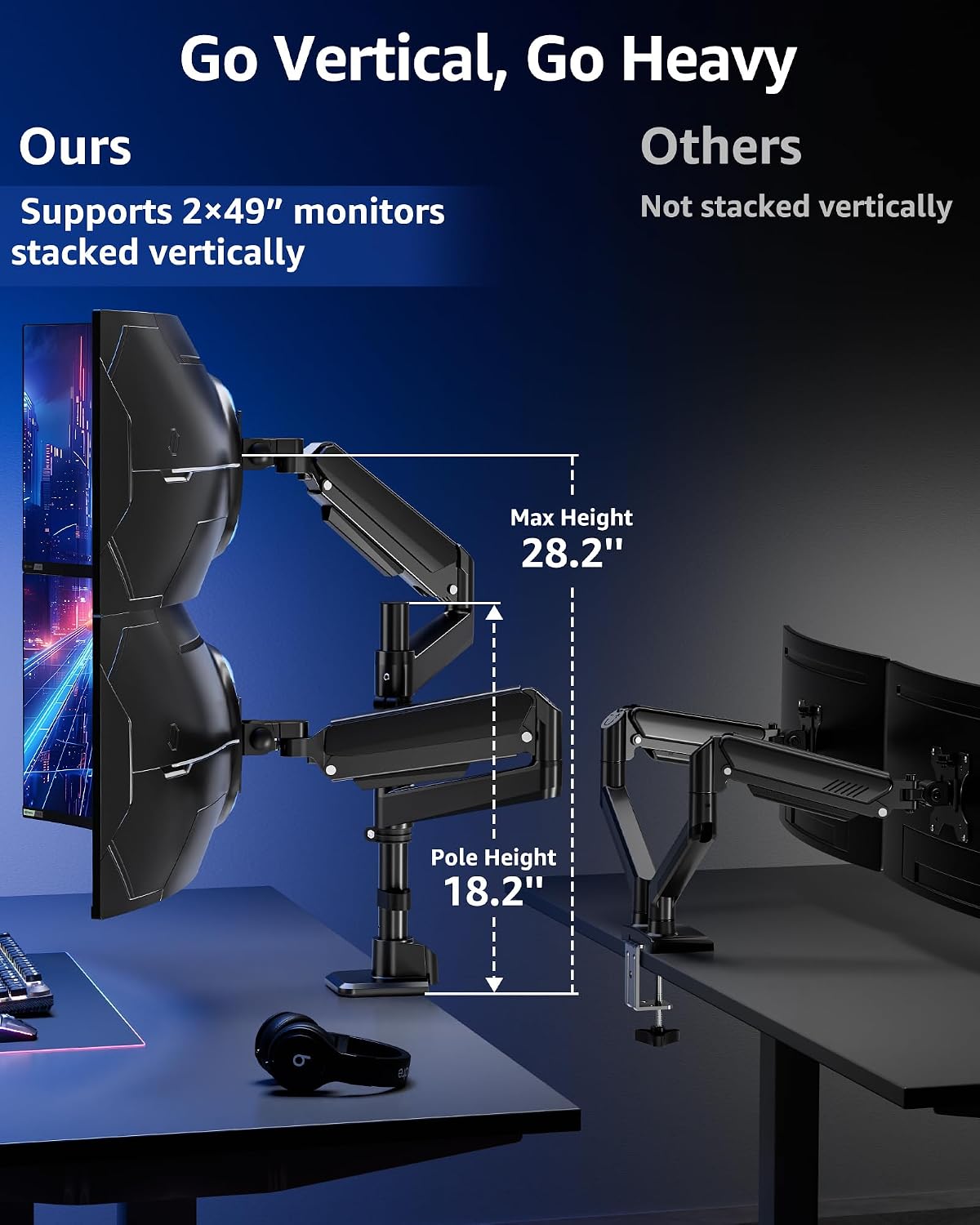 Dual Monitor Stand Fits 49 45 42 40 39 34 32 Inch Screens, Heavy Duty Dual Monitor Arm Holds 7.7-44 lbs, Vertical Stacked Monitors Mount, Full Motion, Height Adjustable, VESA Mount