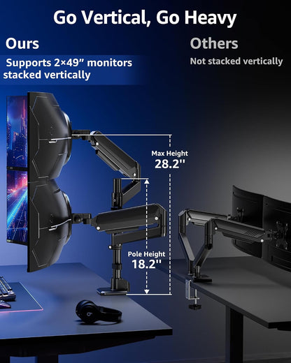 Dual Monitor Stand Fits 49 45 42 40 39 34 32 Inch Screens, Heavy Duty Dual Monitor Arm Holds 7.7-44 lbs, Vertical Stacked Monitors Mount, Full Motion, Height Adjustable, VESA Mount