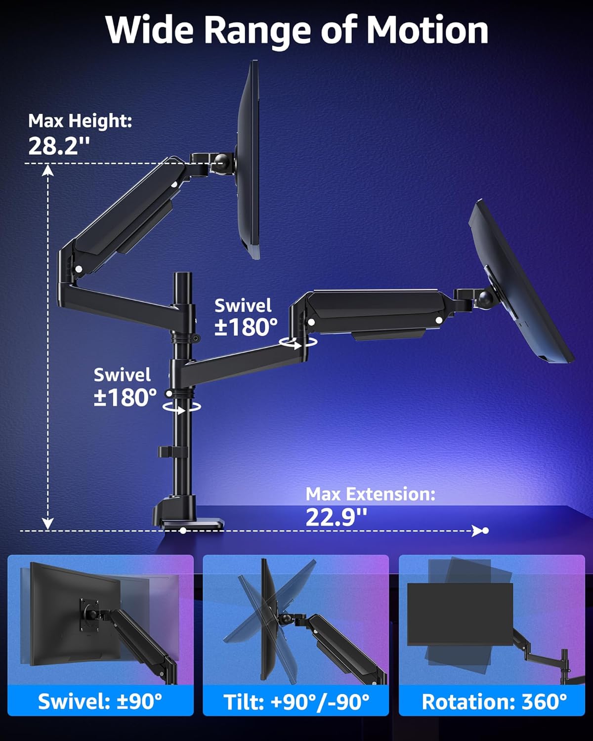 Dual Monitor Stand Fits 49 45 42 40 39 34 32 Inch Screens, Heavy Duty Dual Monitor Arm Holds 7.7-44 lbs, Vertical Stacked Monitors Mount, Full Motion, Height Adjustable, VESA Mount