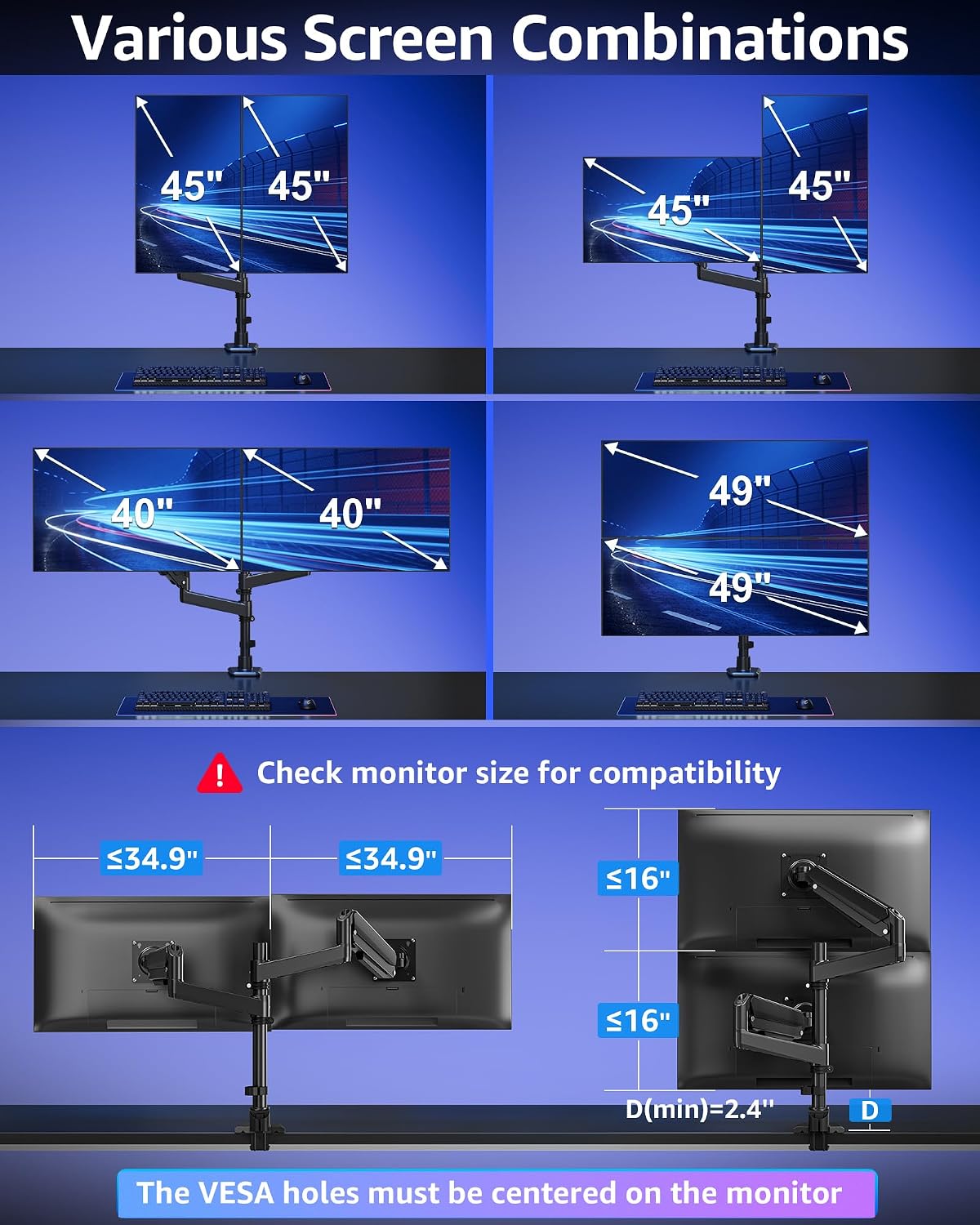 Dual Monitor Stand Fits 49 45 42 40 39 34 32 Inch Screens, Heavy Duty Dual Monitor Arm Holds 7.7-44 lbs, Vertical Stacked Monitors Mount, Full Motion, Height Adjustable, VESA Mount