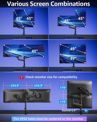 Dual Monitor Stand Fits 49 45 42 40 39 34 32 Inch Screens, Heavy Duty Dual Monitor Arm Holds 7.7-44 lbs, Vertical Stacked Monitors Mount, Full Motion, Height Adjustable, VESA Mount