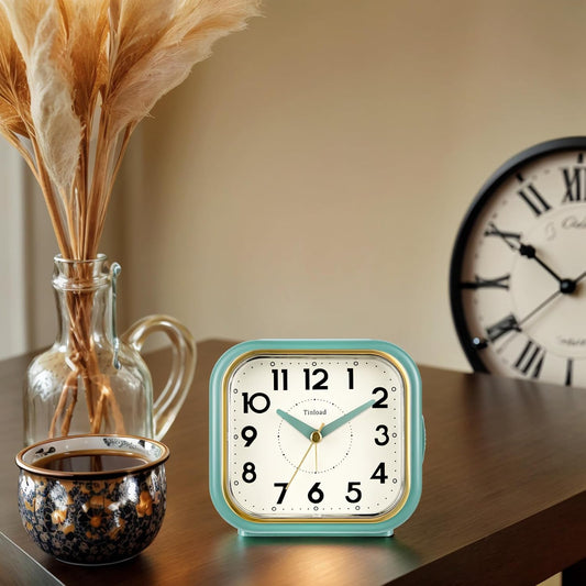 4.3" Vintage Retro Analog Alarm Clock, Super Silent Non Ticking Clock with Manual Light, Snooze, Battery Operated, Simply Design, for Living Room, Bedroom, Bedside, Desk(Green-V2)