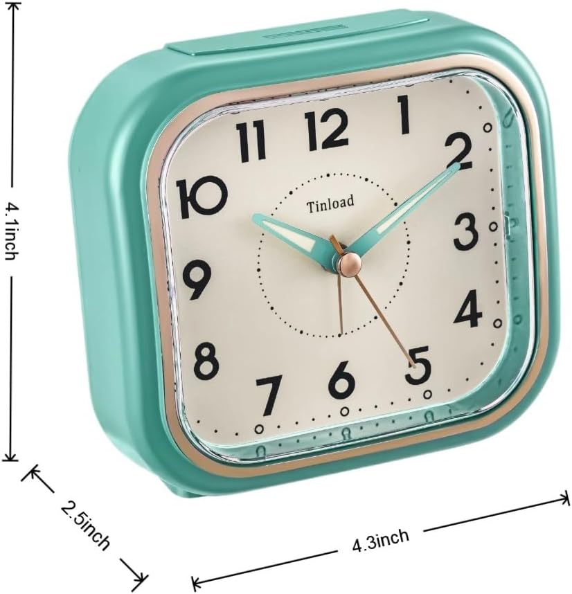 4.3" Vintage Retro Analog Alarm Clock, Super Silent Non Ticking Clock with Manual Light, Snooze, Battery Operated, Simply Design, for Living Room, Bedroom, Bedside, Desk(Green-V2)