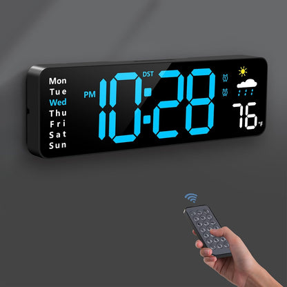 Digital Wall Clock, Digital Clock Large Display with Remote Control, Corded LED Alarm Clocks with Date, Week, Temp, Humidity, Auto DST, Countdown, for Living Room Bedroom Classroom Office (Blue)