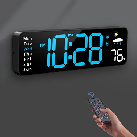 Digital Wall Clock, Digital Clock Large Display with Remote Control, Corded LED Alarm Clocks with Date, Week, Temp, Humidity, Auto DST, Countdown, for Living Room Bedroom Classroom Office (Blue)