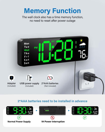 Digital Wall Clock, Digital Clock Large Display with Remote Control, Corded LED Alarm Clocks with Date, Week, Temp, Humidity, Auto DST, Countdown, for Living Room Bedroom Classroom Office (Blue)
