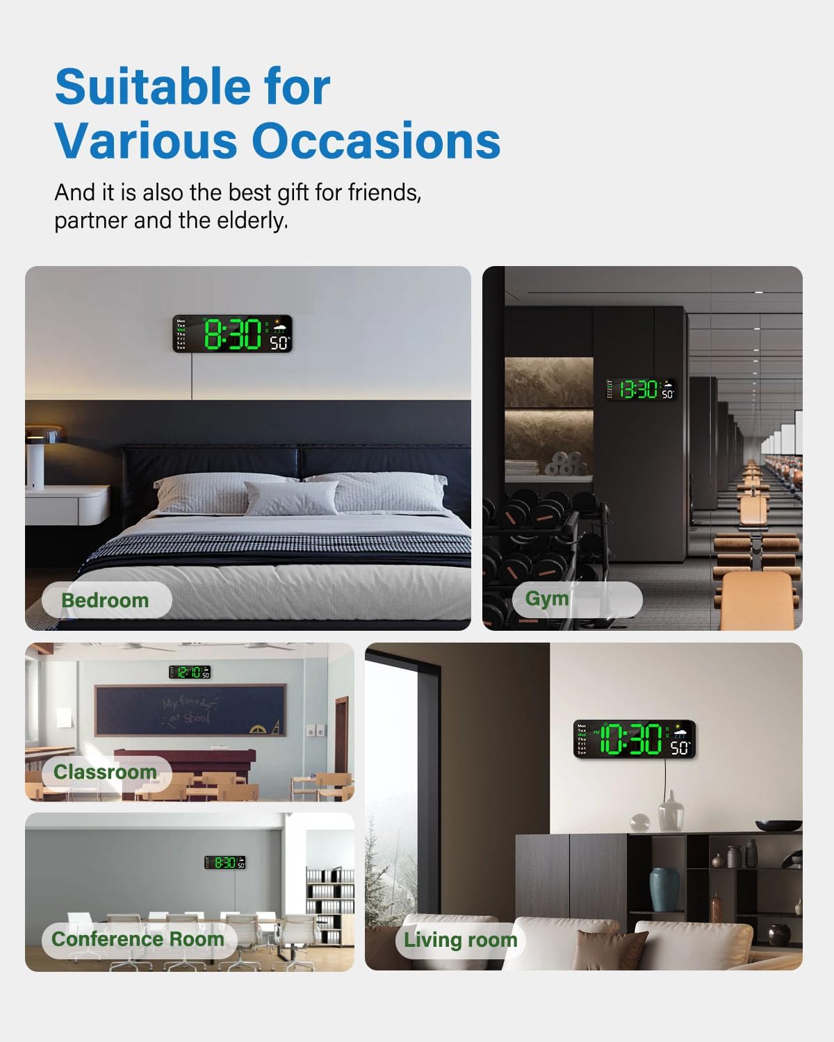 Digital Wall Clock, Digital Clock Large Display with Remote Control, Corded LED Alarm Clocks with Date, Week, Temp, Humidity, Auto DST, Countdown, for Living Room Bedroom Classroom Office (Blue)