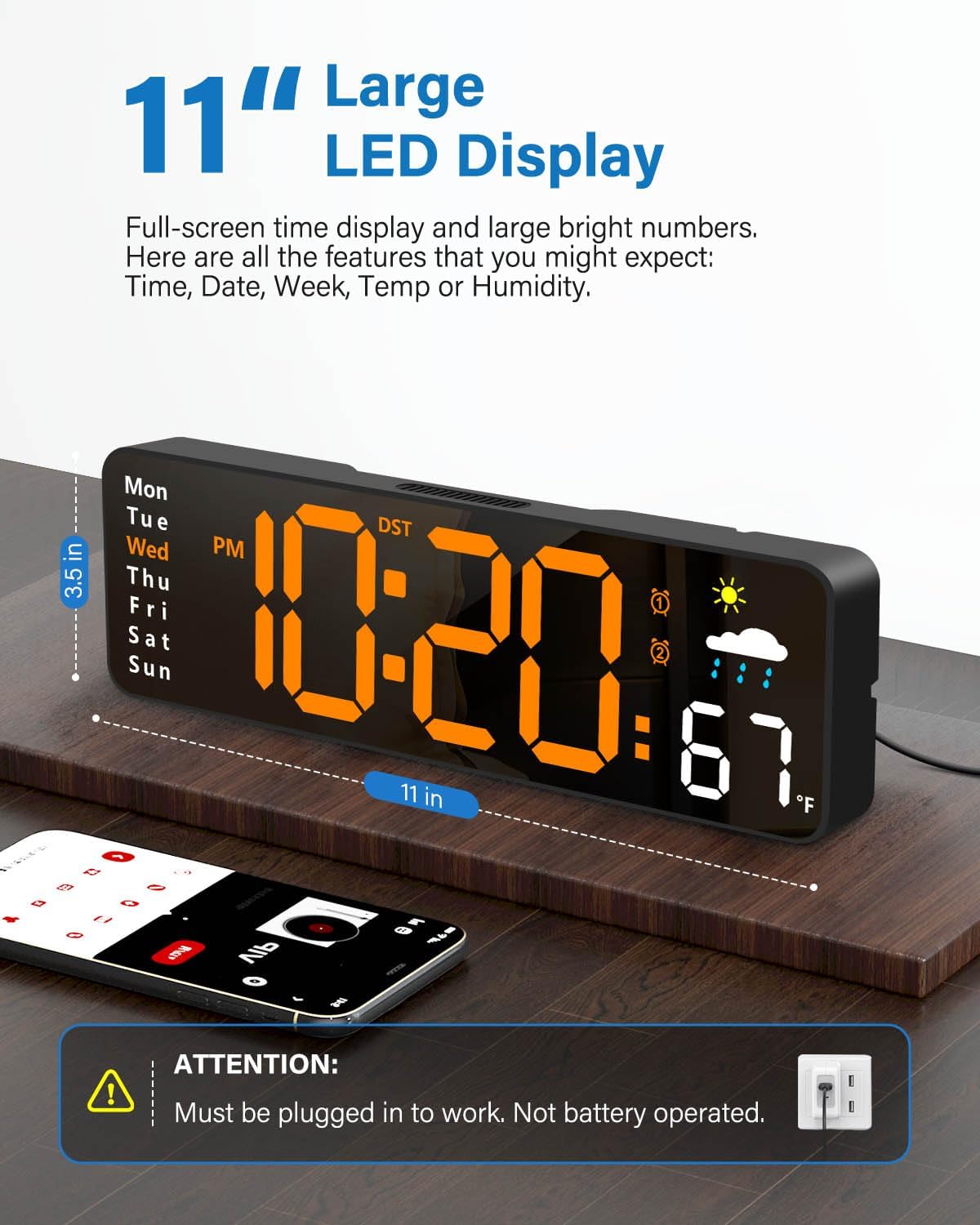Digital Wall Clock, Digital Clock Large Display with Remote Control, Corded LED Alarm Clocks with Date, Week, Temp, Humidity, Auto DST, Countdown, for Living Room Bedroom Classroom Office (Blue)