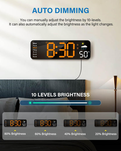 Digital Wall Clock, Digital Clock Large Display with Remote Control, Corded LED Alarm Clocks with Date, Week, Temp, Humidity, Auto DST, Countdown, for Living Room Bedroom Classroom Office (Blue)