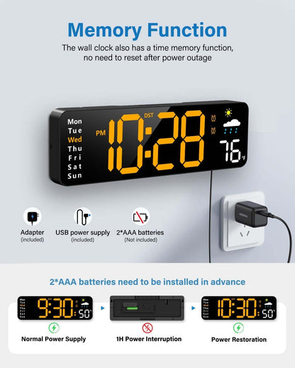 Digital Wall Clock, Digital Clock Large Display with Remote Control, Corded LED Alarm Clocks with Date, Week, Temp, Humidity, Auto DST, Countdown, for Living Room Bedroom Classroom Office (Blue)