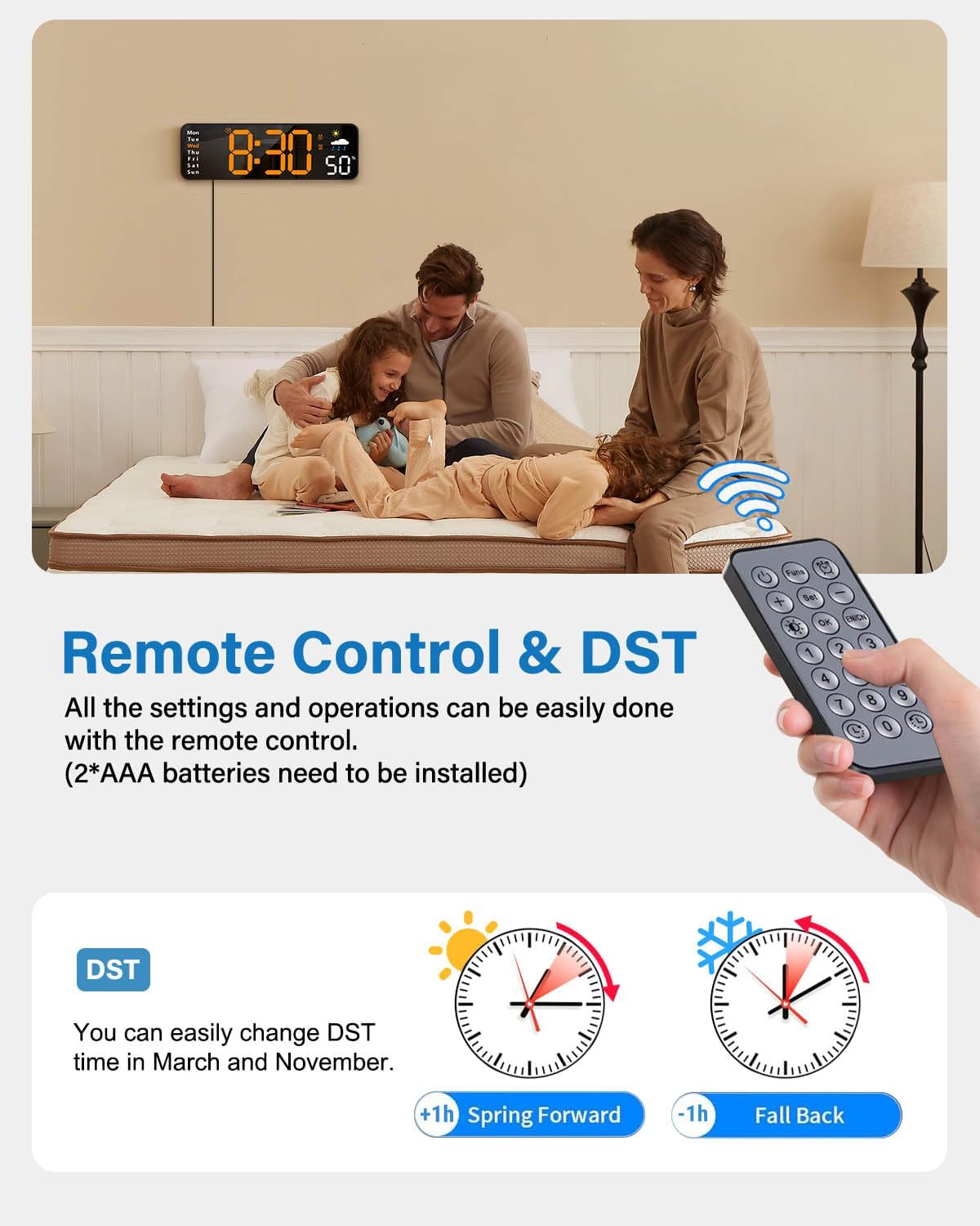Digital Wall Clock, Digital Clock Large Display with Remote Control, Corded LED Alarm Clocks with Date, Week, Temp, Humidity, Auto DST, Countdown, for Living Room Bedroom Classroom Office (Blue)