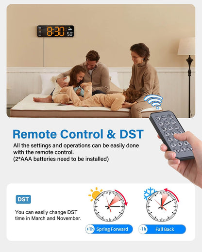 Digital Wall Clock, Digital Clock Large Display with Remote Control, Corded LED Alarm Clocks with Date, Week, Temp, Humidity, Auto DST, Countdown, for Living Room Bedroom Classroom Office (Blue)